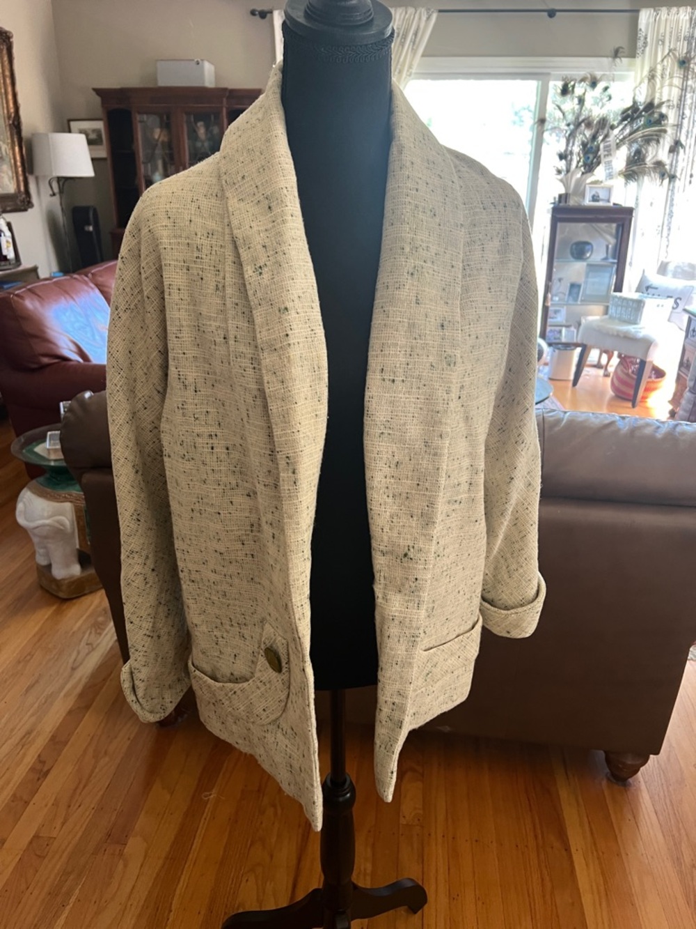 Textured Open Front Jacket in Oatmeal green flex vintage 1960